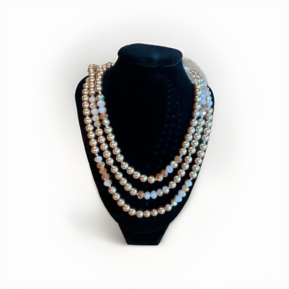 Vintage Triple Strand Faux Pearl Necklace Champagne Gold Cream Iridescent Beads